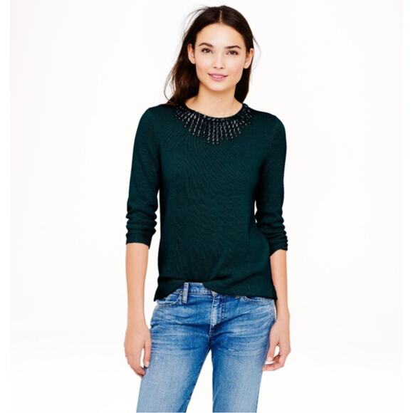 J. Crew Wool Rabbit Hair Jeweled Starburst Sweater Emerald Green 08429 Size XS - Picture 3 of 8